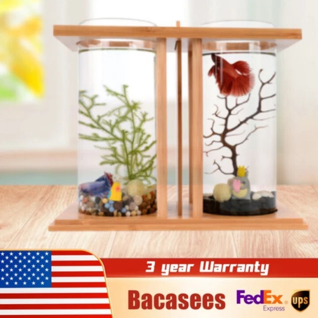 Glass Betta Fish Tank Bamboo Base Mini Aquarium Goldfish Tank Desktop Decoration