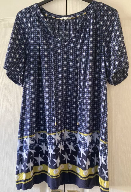 White Stuff 18 Tunic Floaty Top Short Sleeve Navy Blue Yellow Star Flower Cotton