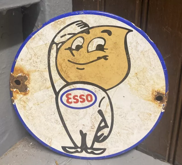 6” Happy Esso Happy Motoring Oil Drop Boy Gas Porcelain Metal Pump Plate Sign