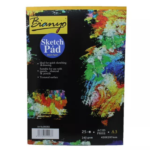 A3 Black Paper Sketch Pad 140GSM 25 Sheet Sketching & Drawing Acid Free