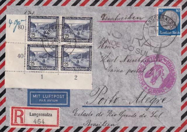 10. DR Luftpost Langensalza Brasilien R-Brief Hindenburg 80 + 4x25 Bauten Zensur