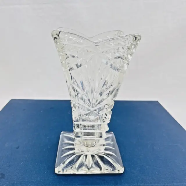 Vintage Pressed Clear Crystal Glass Square Shape Vase Art Deco Design 17cm high.