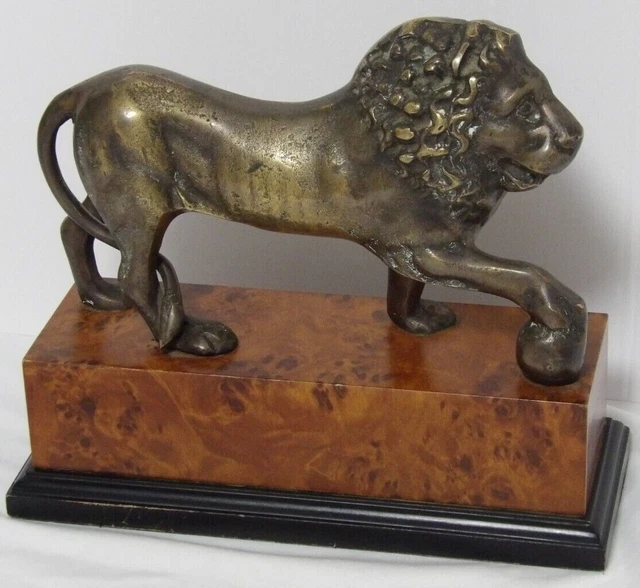 VINTAGE KING JUNGLE Roaring Lion Brass Figure Wood Base Sculpture ...