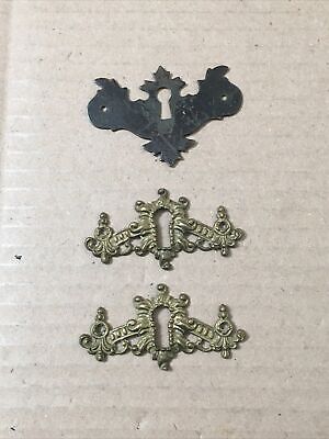 Lot Of 3 Antique Skeleton Key Escutcheon Plates Brass & Iron