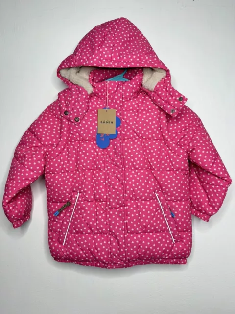 Mini Boden 2 In 1 Convertible Hooded Puffer Coat Girls Size Small 6-7 Pink Stars