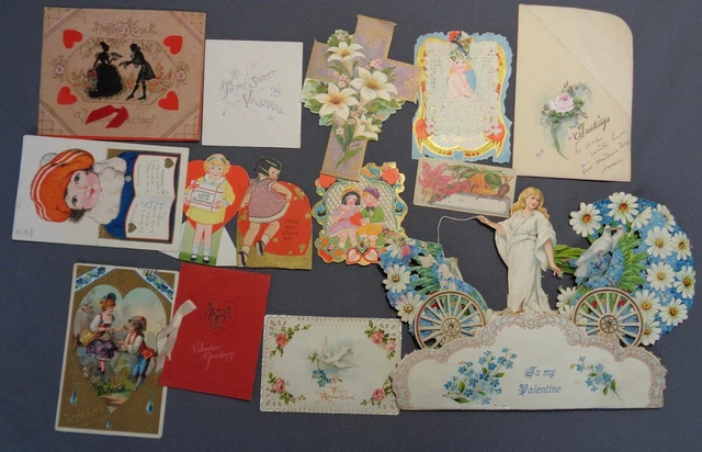 14 Piece Lot Antique Valentine Easter Cards Embossed Die Cut Victorian Art Deco