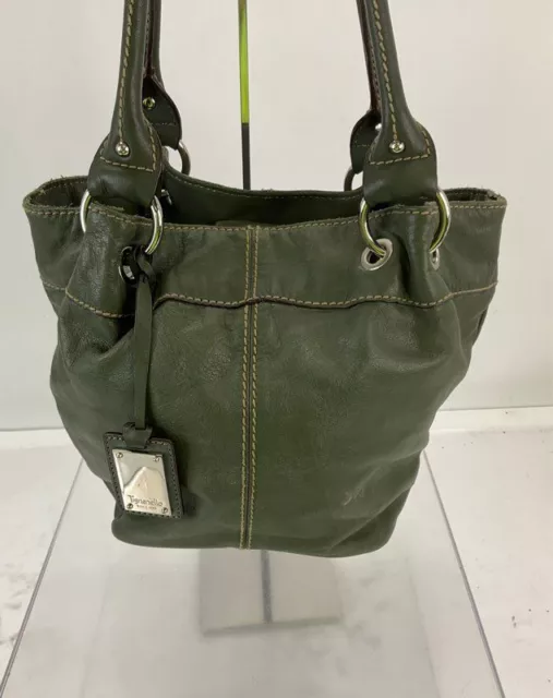 Tignanello Olive Green Leather Stitch Detail Tote Handbag
