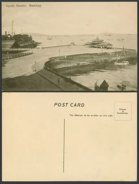 India Old Postcard Apollo Bunder Bombay Harbour Ship Boats Street Scene Panorama