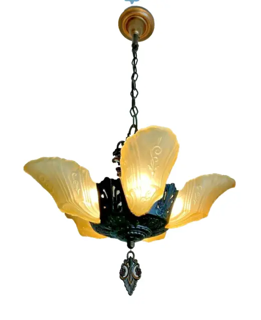 1930s Art Deco 5 Light Slip Shade Fixture