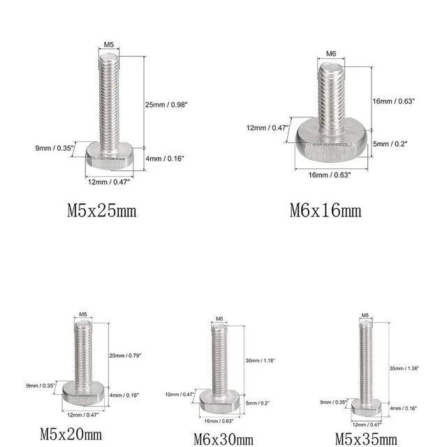 thumbnail image 2 of 50pcs 304 Stainless Steel T-Slot Bolt Assortment Kit M5 X 12/16/20 2 of 9