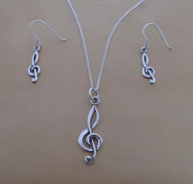 925 Sterling Silver Treble Clef Drop Dangle Earrings & Pendant Set on Curb Chain