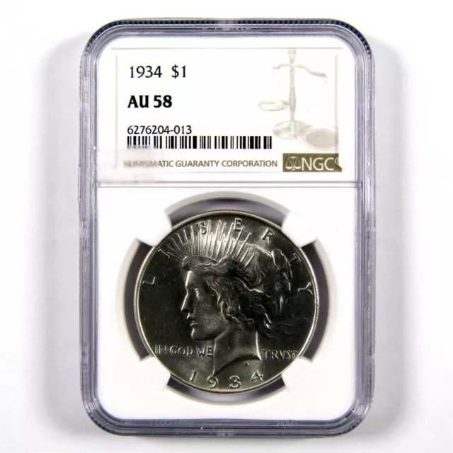 1934 Peace Dollar AU 58 NGC 90% Silver $1 Coin SKU:I10633