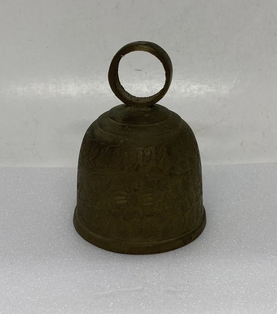Vintage 1980s Solid Brass Hand Bell Hand Carved Ornate Floral Carvings Art 18