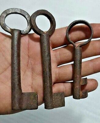 Old Vintage Set Of 3 Old Handmade Iron Keys Collection For Home Decor.