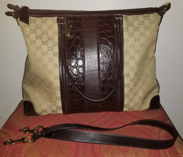 GUCCI Secret Monogram Leather & Crocodile Accent Tote-Shoulder Bag