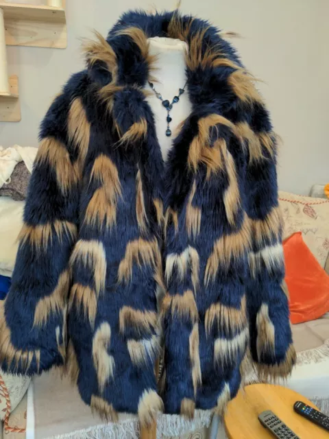 ASOS Beautiful Shaggy Faux Fur Jacket Coat Size 10 Navy & Cappuccino