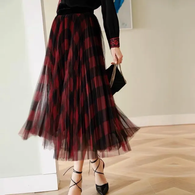Femme Taille Haute Jupe Maxi Pur Tulle Plissé Trapèze à Carreaux Robe Longue