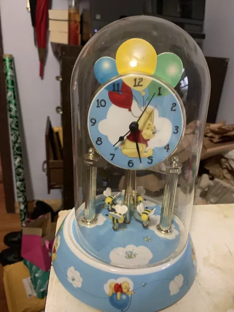 Disney Winnie The Pooh Anniversary Clock Glass Dome Porcelain Balloons Bees Blue