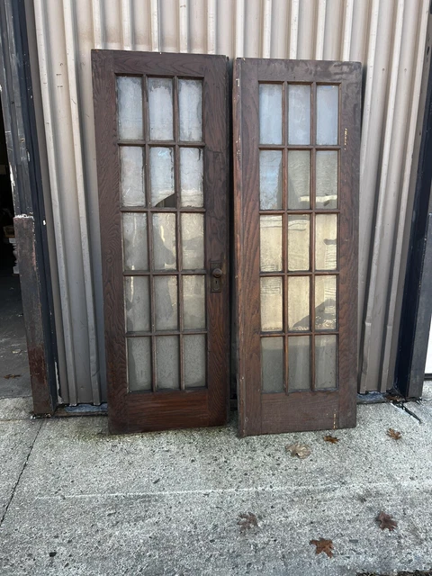 vintage c1900-20 pair oak french doors old varnish 84.5/28/1.5” early glass - B