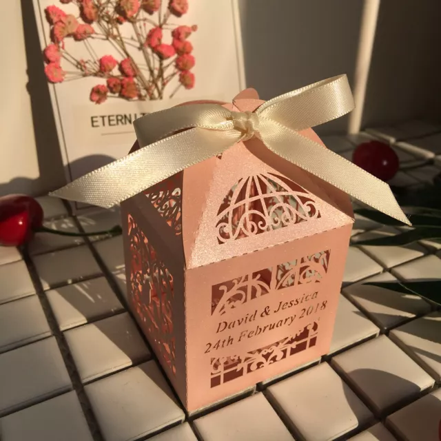 Luxury Personalised Bird Name Date Laser Cut Wedding Favour Gift Boxes & Ribbons