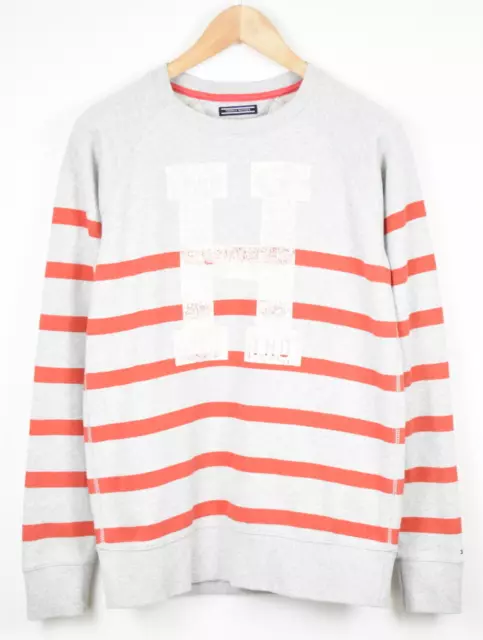 Tommy Hilfiger Sweat Homme Gris Moyen Rouge Rayé Pull Col Rond Logo