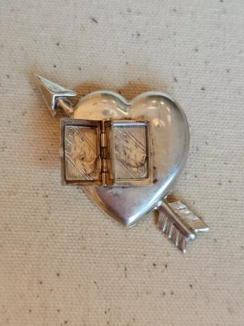 Antique Victorian Sterling Brooch Heart Arrow Opening Book Etched Floral Locket 3