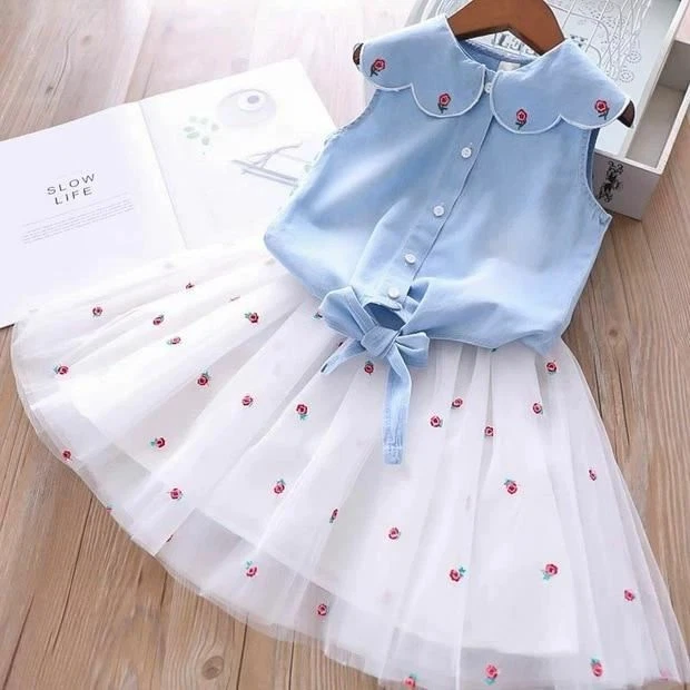 2 PC / Set Ragazze Estate Abbigliamento Coreana Jeans Manica Corta T-Shirt + 7