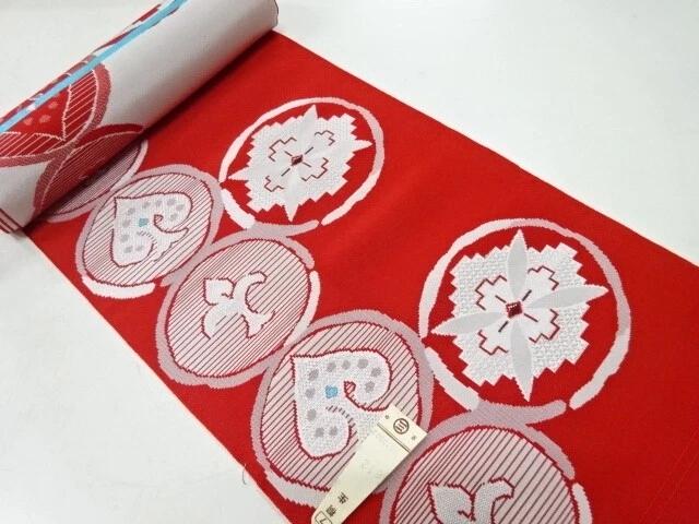 81253# Japanese Kimono / Bolt For Hassun Obi / Woven Roundel With Flower