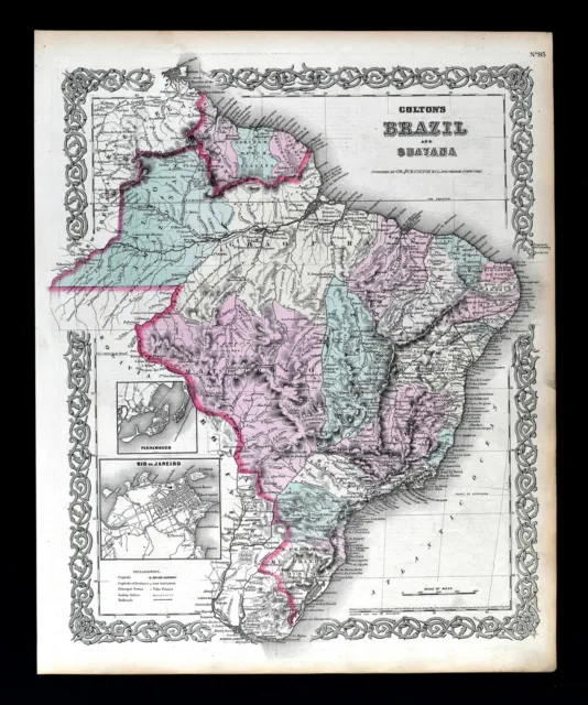 1874 Colton Map South America Brazil Guayana Rio de Janeiro Amazon Sao Paulo SA