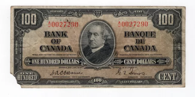 Bank of Canada 1937 $100 Hundred Dollars RARE Osborne-Towers Signature Fine Tear