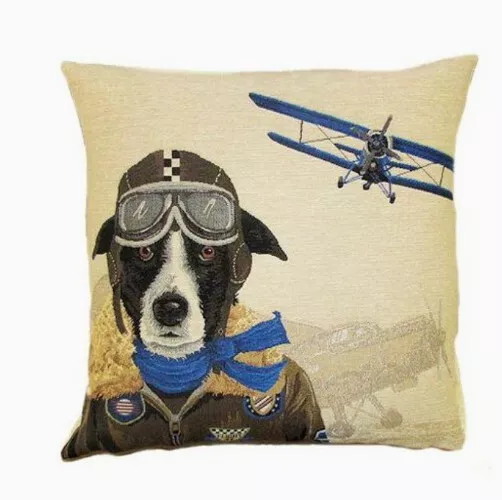 Housse  Coussin Tapisserie Chien Border  Collie Aviateur Décoratif