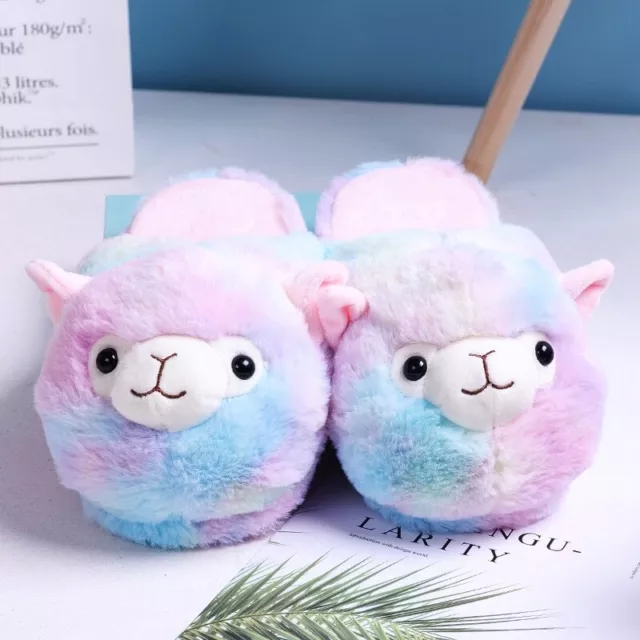 Cute Cartoon Alpaca Women Fur Slippers Winter Warm Plush Floor Fluffy Slippes