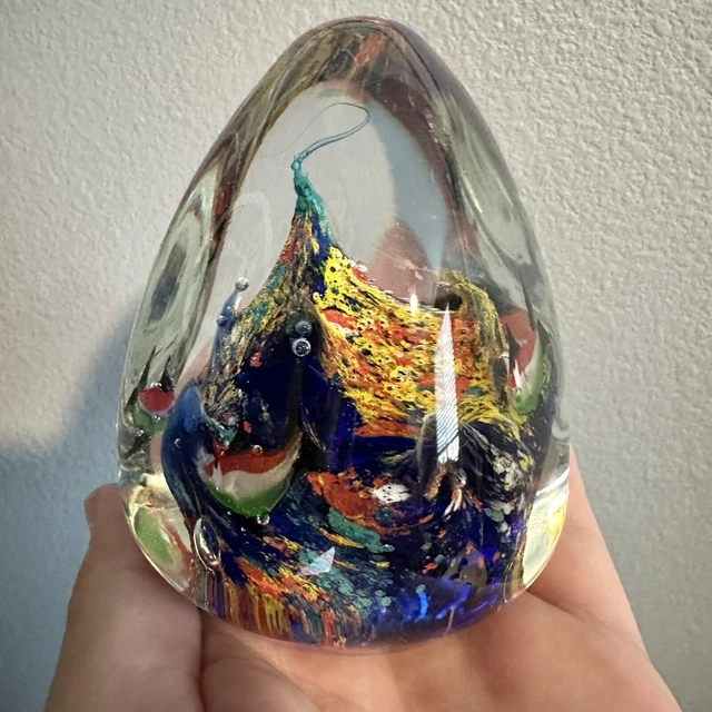 Art Glass Paperweight Aquarium Tropical Fish Coral Reef Hand Blown Egg Shape 4”