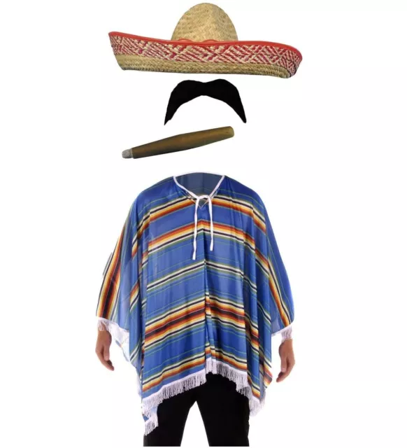 Adult Mexican Poncho Sombrero Hat Moustache Cigar Costume Set Fancy Dress Outfit