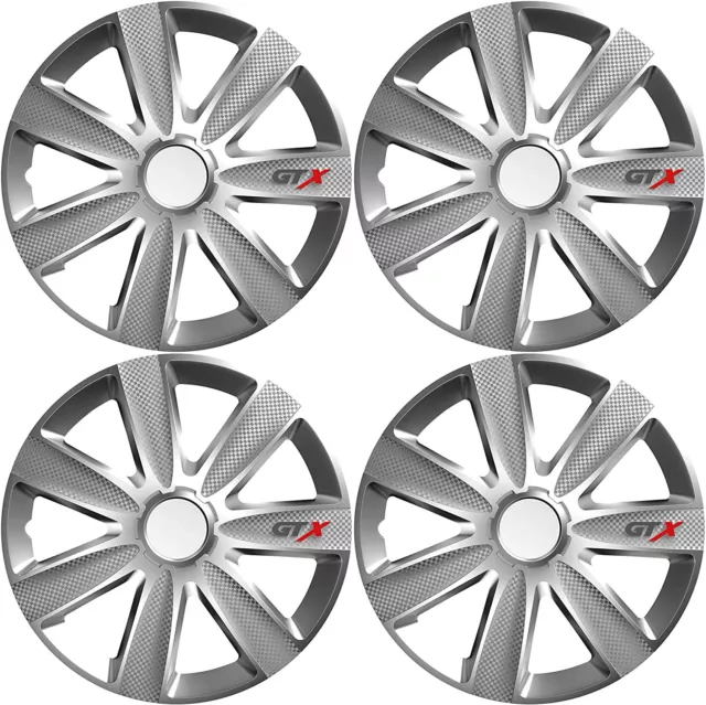 Wheel Trims 13" Hub Caps GTX Carbon Plastic Covers Set of 4 Silver Fit R13