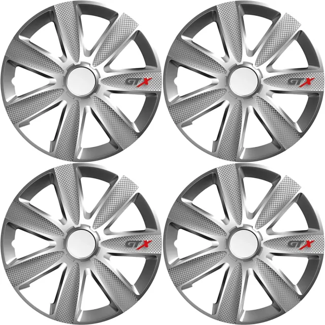 Wheel Trims 14" Hub Caps GTX Carbon Plastic Covers Set of 4 Silver Fit R14