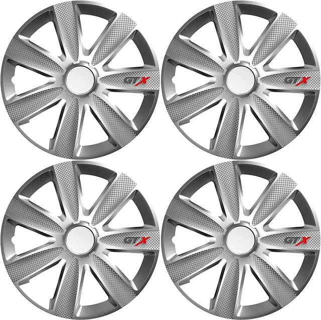 Wheel Trims 14" Hub Caps GTX Carbon Plastic Covers Set of 4 Silver Fit R14