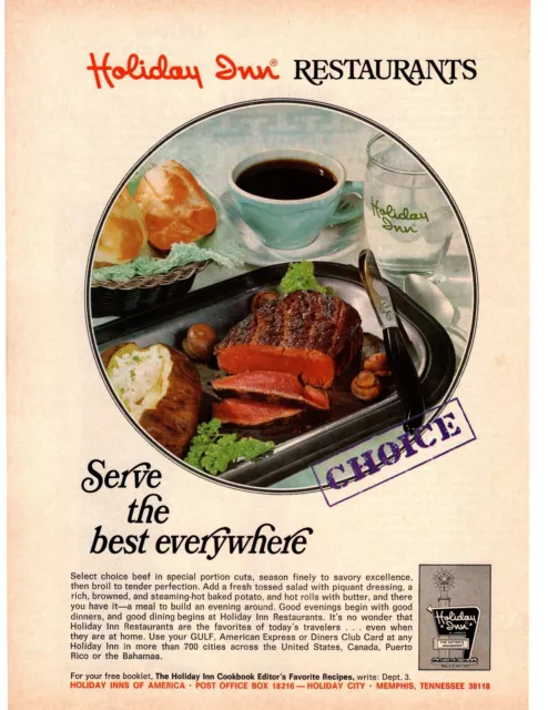 1968 Holiday Inn Restaurants Prime Rib Baked Potato Rolls Memphis Hotel Print Ad