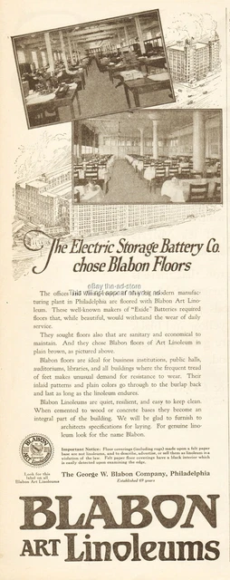 1921 Electric Storage Battery Co Philadelphia PA Blabon Linoleum Flooring Ad
