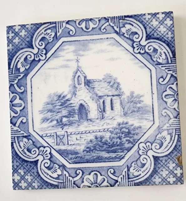 Rare Minton & Hollins Tile 1870 Victorian Transferware England Church