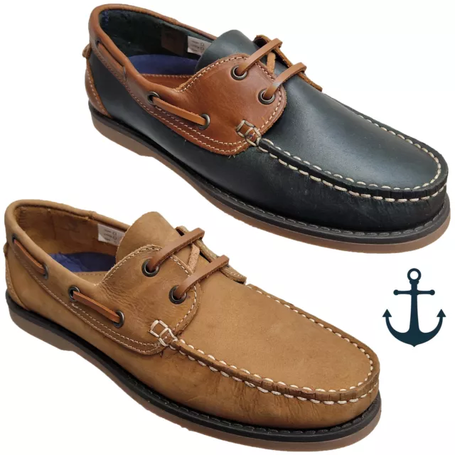 Mens Boat Shoes Moccasin Leather Lined Navy Brown Soft Lace Up Casual Smart DEK