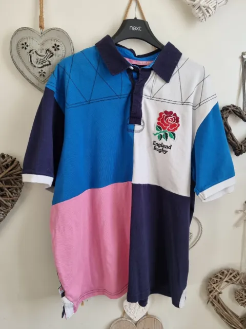Rara camicia da rugby union vintage da uomo rosa e blu taglia XL