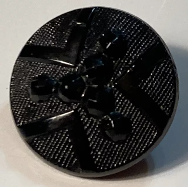 Antique Jet Black Glass Button Geometric Triad Beaded Relief Metal Shank 1/2"