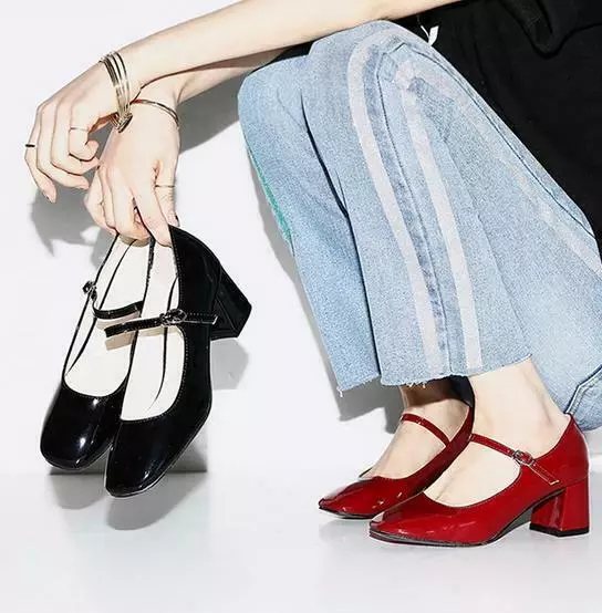 Women Patent Leather Retro Mary Jane Square Toe Shoes Med Block Heels Prom Pumps