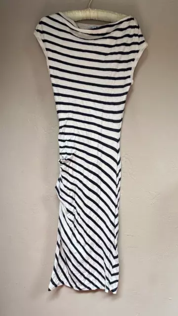 Standard James Perse Size 1 Boat Neck Striped Ruched Midi Dress Cap Sleeve Ivory