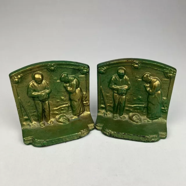 Antique FARMERS ANGELUS PRAYER Vintage Cast Iron ARTS CRAFTS Bookends