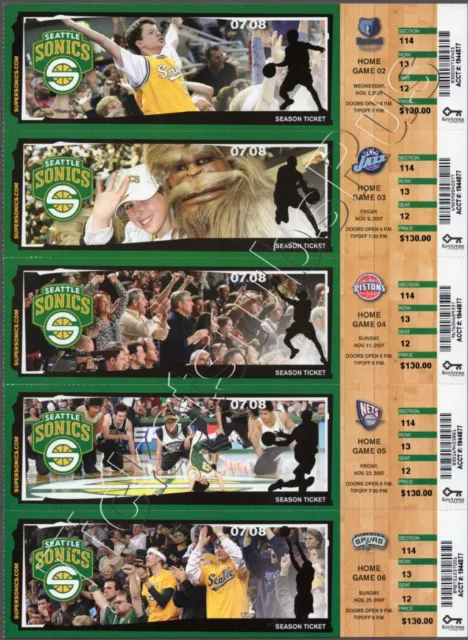 2007 SEATTLE SONICS Last Season KEVIN DURANT ROOKIE Ticket Sheet Games 2-6 RARE!