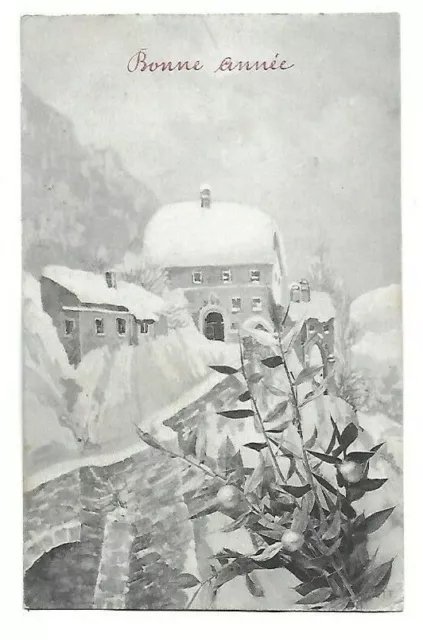 Belle CPA carte postale ancienne village de montagne neige bonne année gui