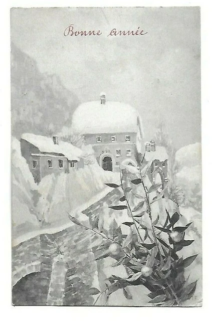 Belle CPA carte postale ancienne village de montagne neige bonne année gui