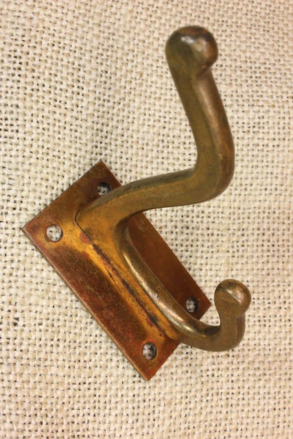 Old Coat Double Hook Square Base School House Tarnish Cast Brass Bronze Vintage 3